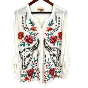 Anthropologie White Floral Embroidered Blouse